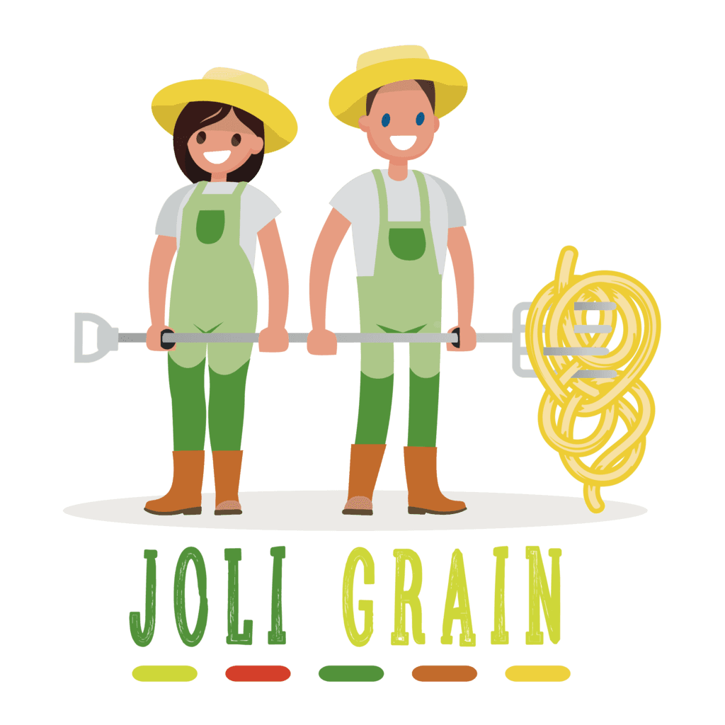 Logo Joli Grain : deux agriculteurs tenant un râteau enroulé de spaghettis